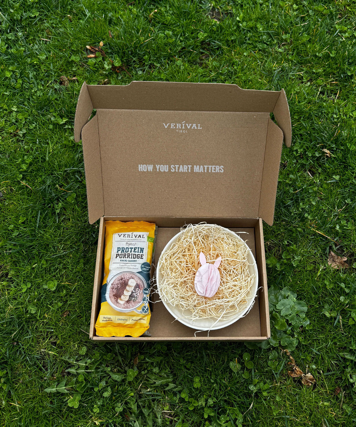 Ein geöffneter Karton auf einer Wiese enthält eine gelbe Verival Protein-Porridge-Packung und eine weiße Porridge-Schüssel aus Keramik, gefüllt mit Holzwolle, in der sich ein kleiner, rosa Osterhase aus Papier befindet. Auf dem Deckel steht „How You Start Matters“. Ideal für alle, die das perfekte Protein-Frühstücksset suchen.