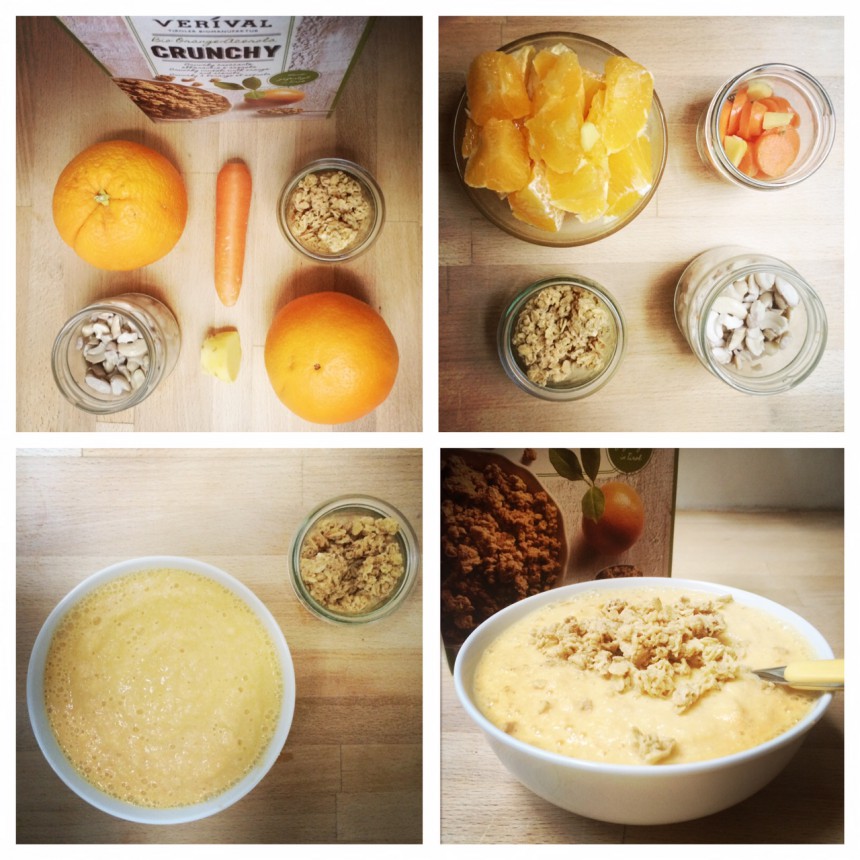 Ruckzuck-Rezept: Orange, Karotte, Ingwer und Cashewkerne mixen & mit Crunchy toppen