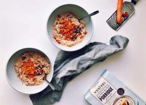A spoon full of Carrot cake overnight oats